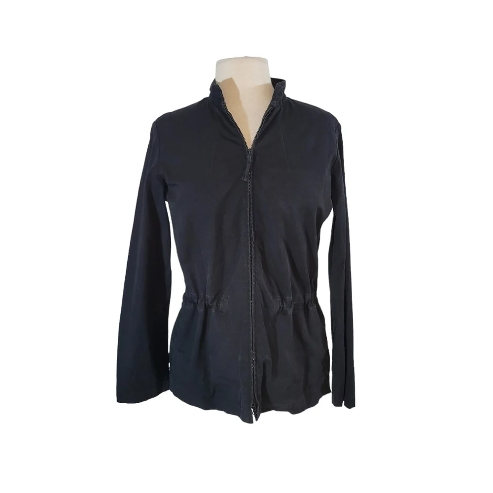Eileen Fisher Cinched Waist Zip Up Black Jacket